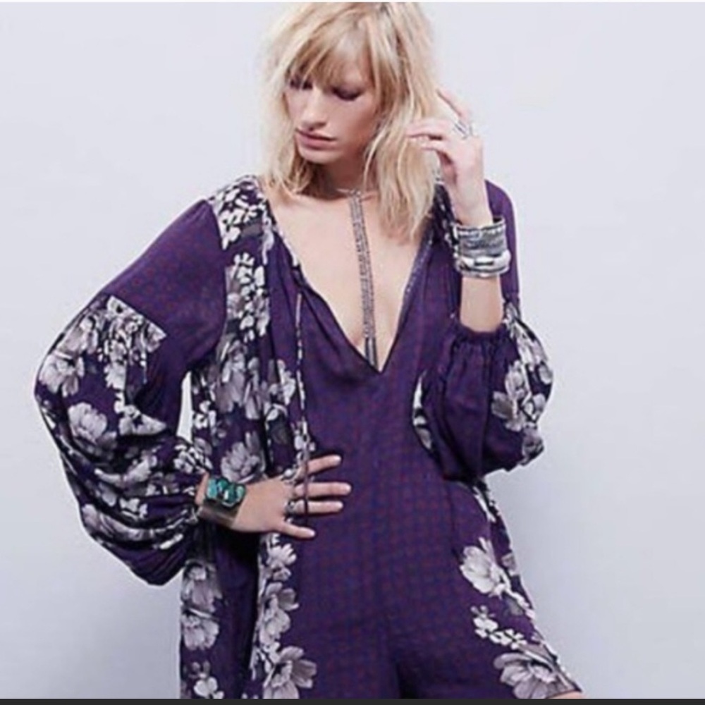 Free People purple romper with balloon sleeves